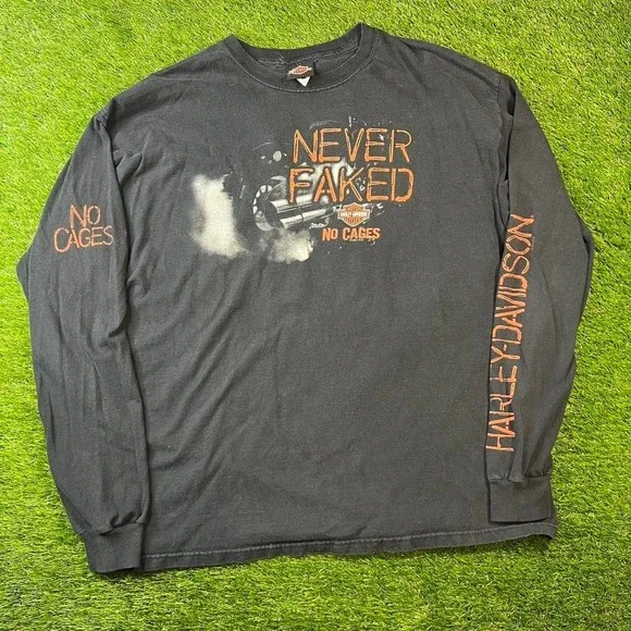 Y2K Harley Long Sleeve Never Faked XL Sleeve hits skull biker - Picture 2 of 7